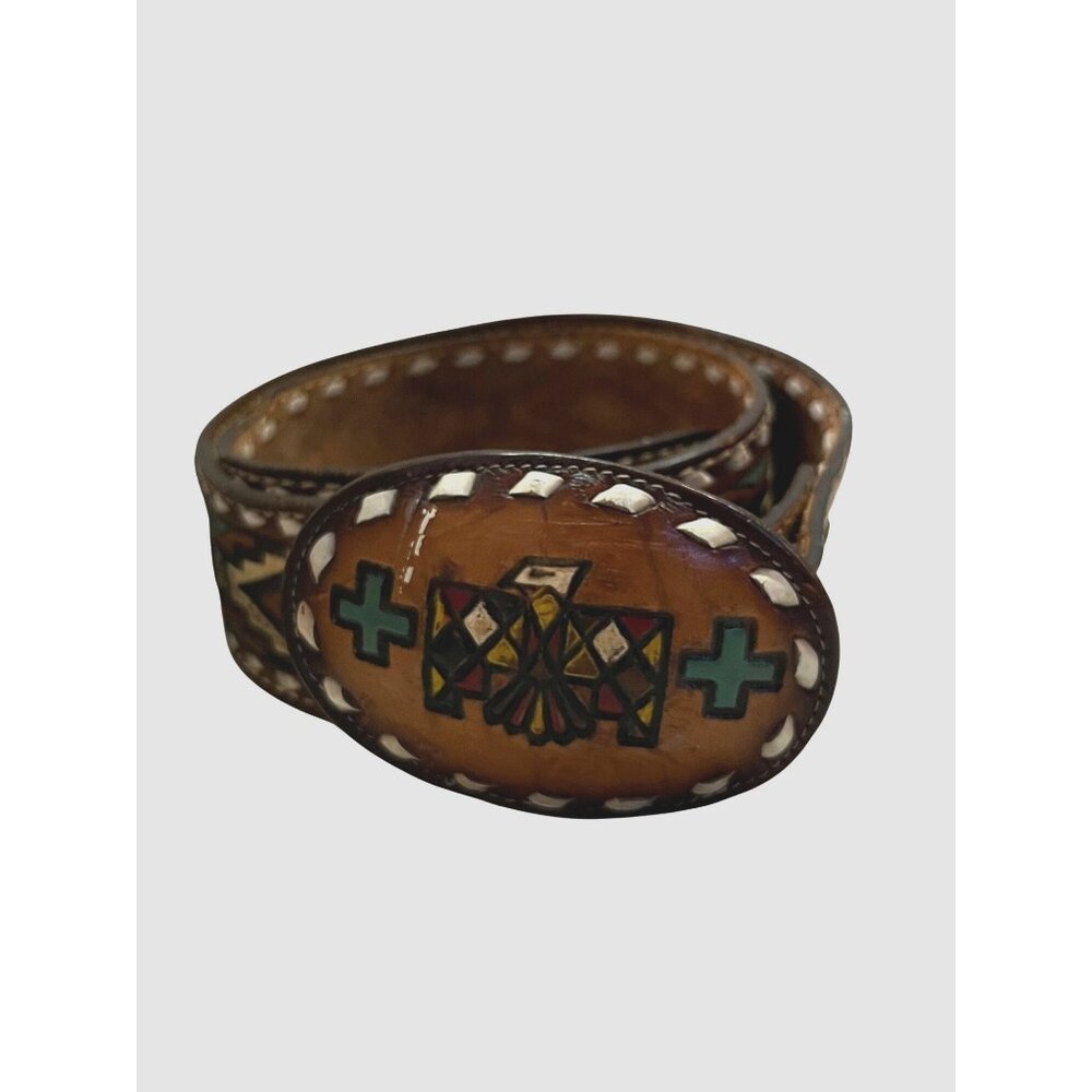 Vintage Tony Lama Handmade Tooled Leather Belt & Buckle Used Mens 32 USA